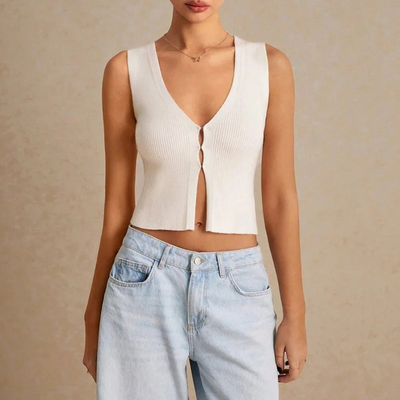 Beige Casual Women's Sleeveless Knit Open Placket Tank Top Vest - Picture 7 of 7